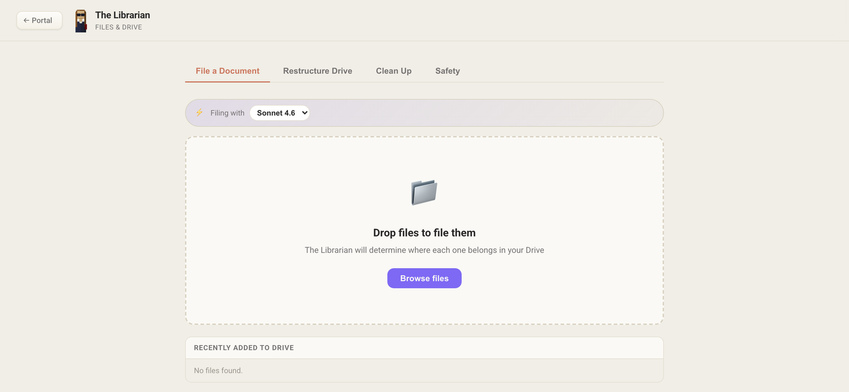 The Librarian's drop zone: drop files to file them — it determines where each one belongs