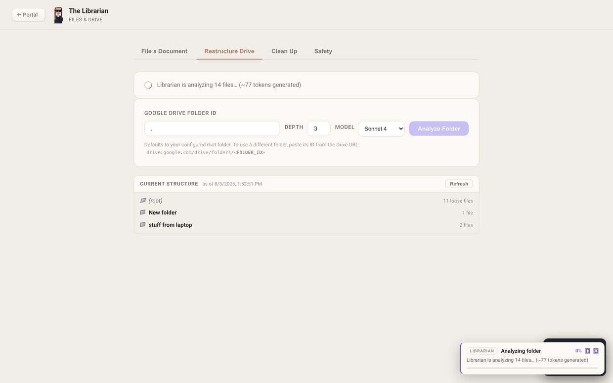 Animated walkthrough: messy folder is analyzed, a move plan is proposed, approved, executed, and the resulting organized structure is shown
